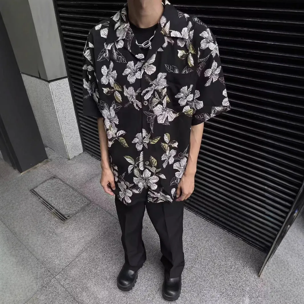 Black floral print men's shirt with a Cuban collar and short sleeves, made from ice silk fabric.