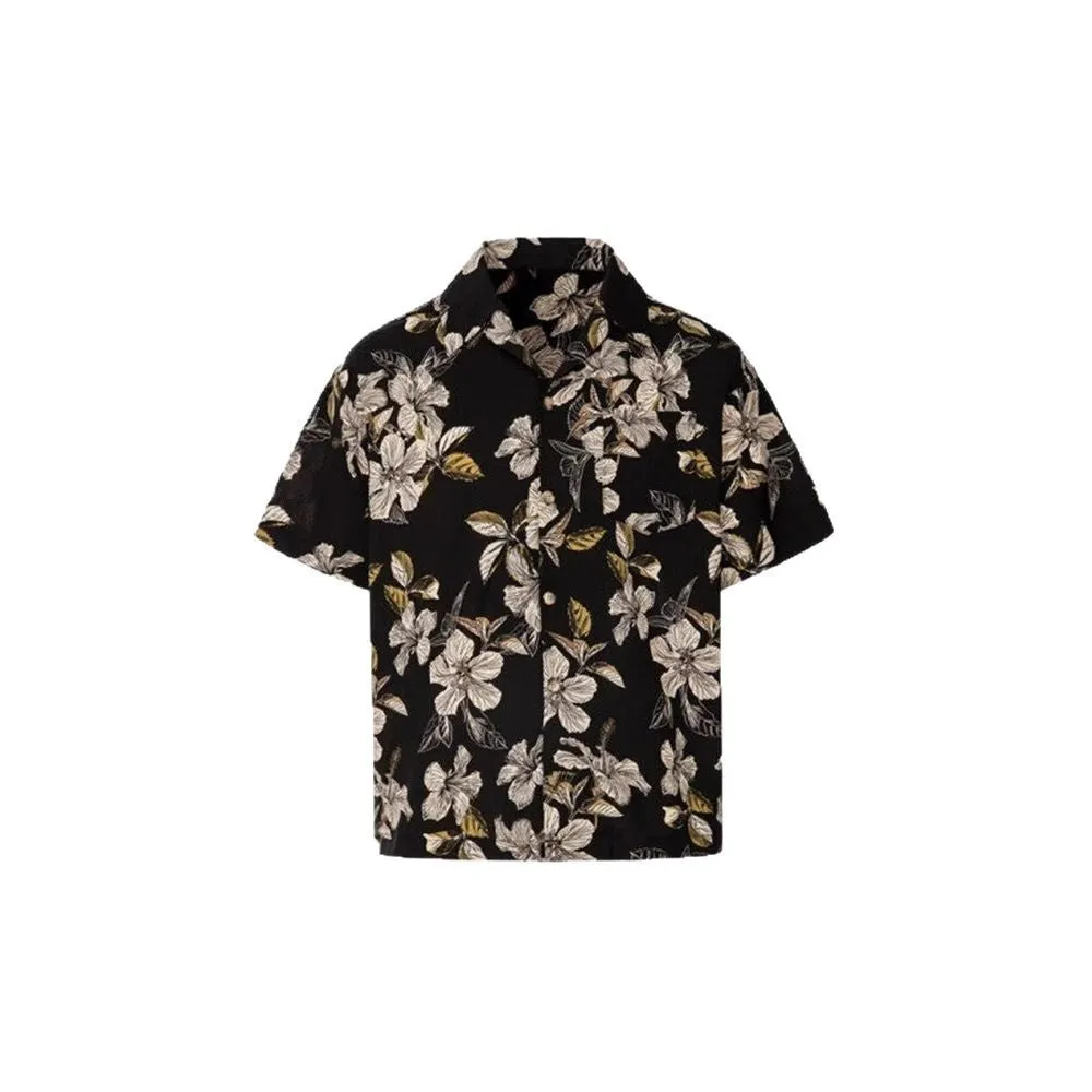 Black floral print men's shirt with a Cuban collar and short sleeves, made from ice silk fabric.