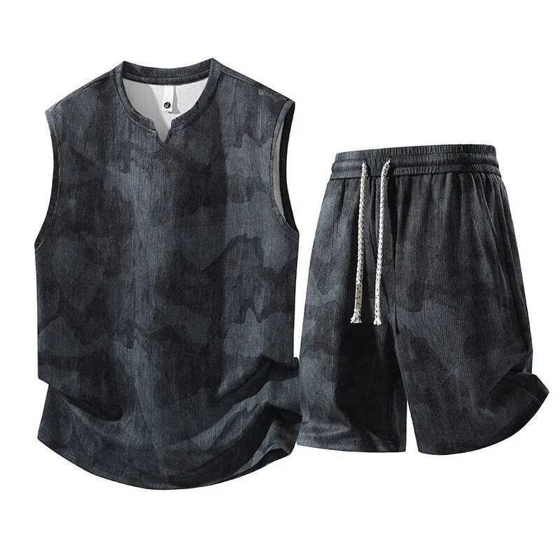 A plus-size casual sleeveless vest and shorts suit set in quick-dry fabric on a hanger.