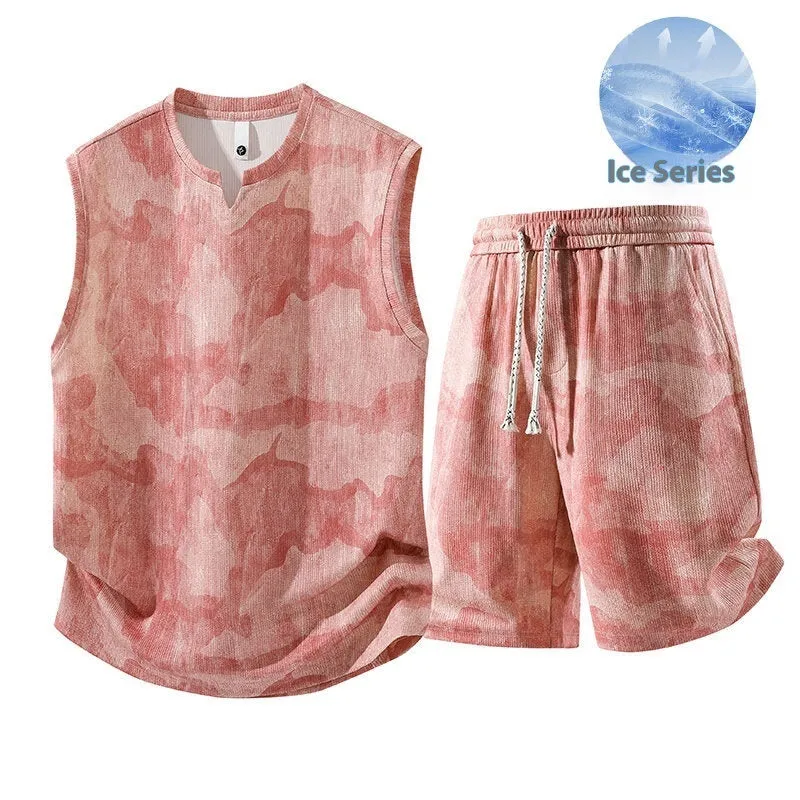 A plus-size casual sleeveless vest and shorts suit set in quick-dry fabric on a hanger.