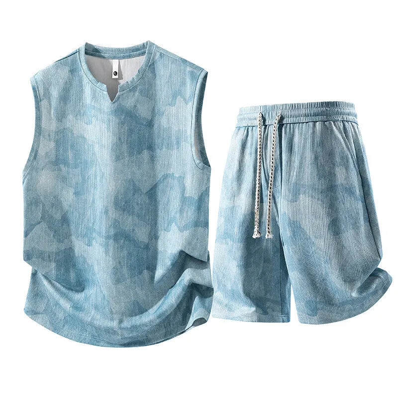 A plus-size casual sleeveless vest and shorts suit set in quick-dry fabric on a hanger.
