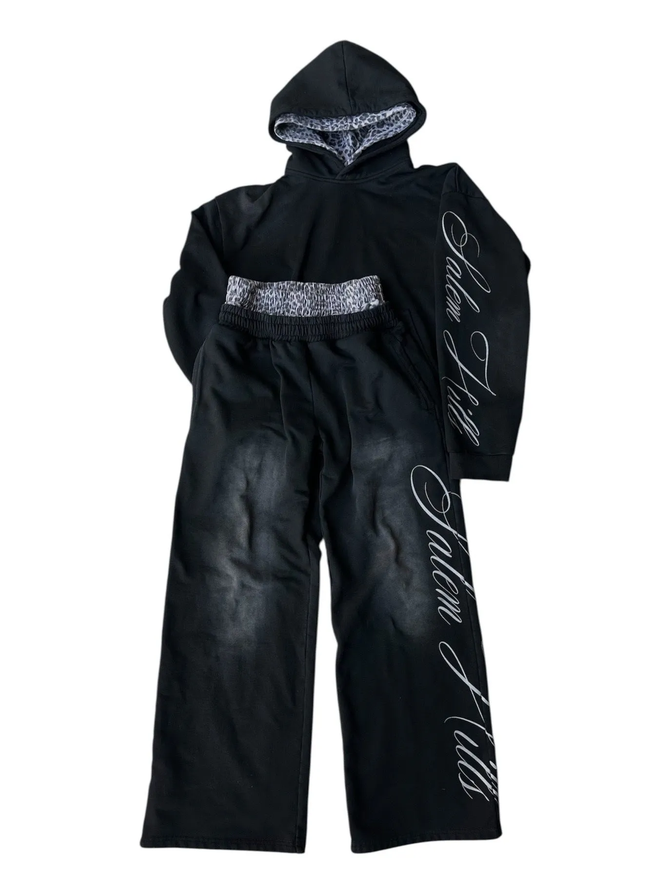 Men's punk print pullover hoodie and trousers set with fleece lining
