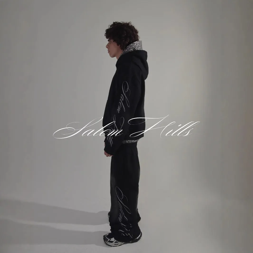 Men's punk print pullover hoodie and trousers set with fleece lining