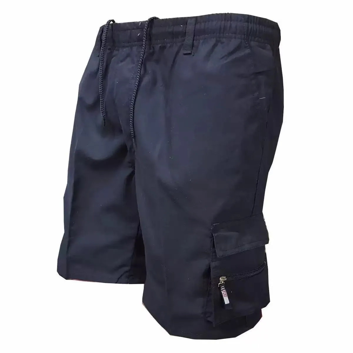 Men's loose-fit casual trousers in polyester fabric with elastic waist, shown in camouflage green colour.