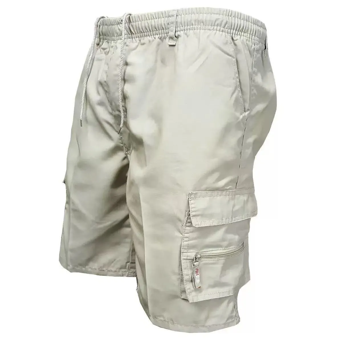 Men's loose-fit casual trousers in polyester fabric with elastic waist, shown in camouflage green colour.