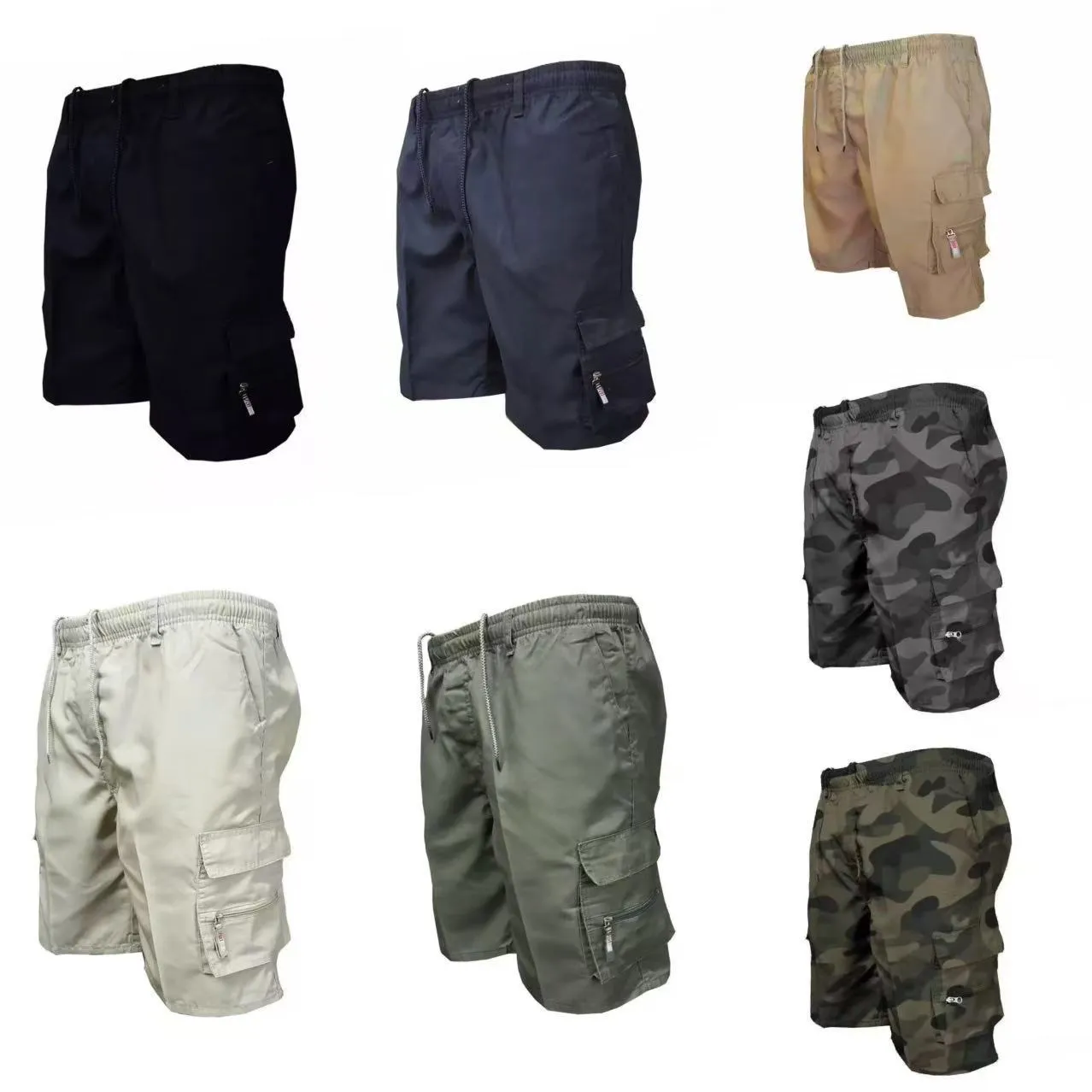 Men's loose-fit casual trousers in polyester fabric with elastic waist, shown in camouflage green colour.