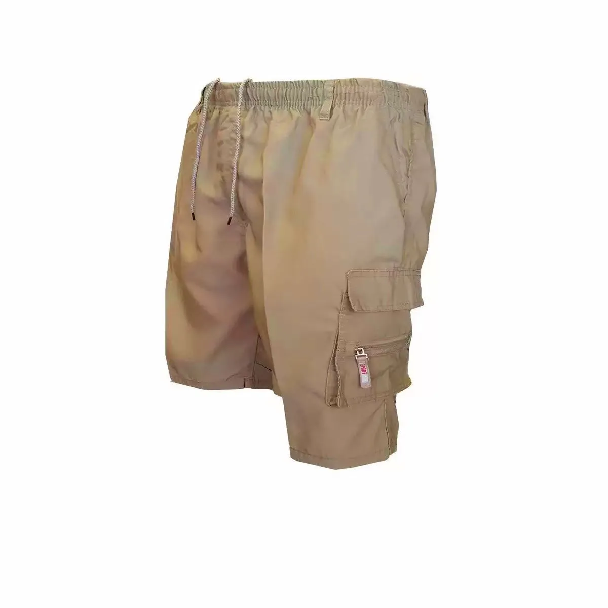 Men's loose-fit casual trousers in polyester fabric with elastic waist, shown in camouflage green colour.