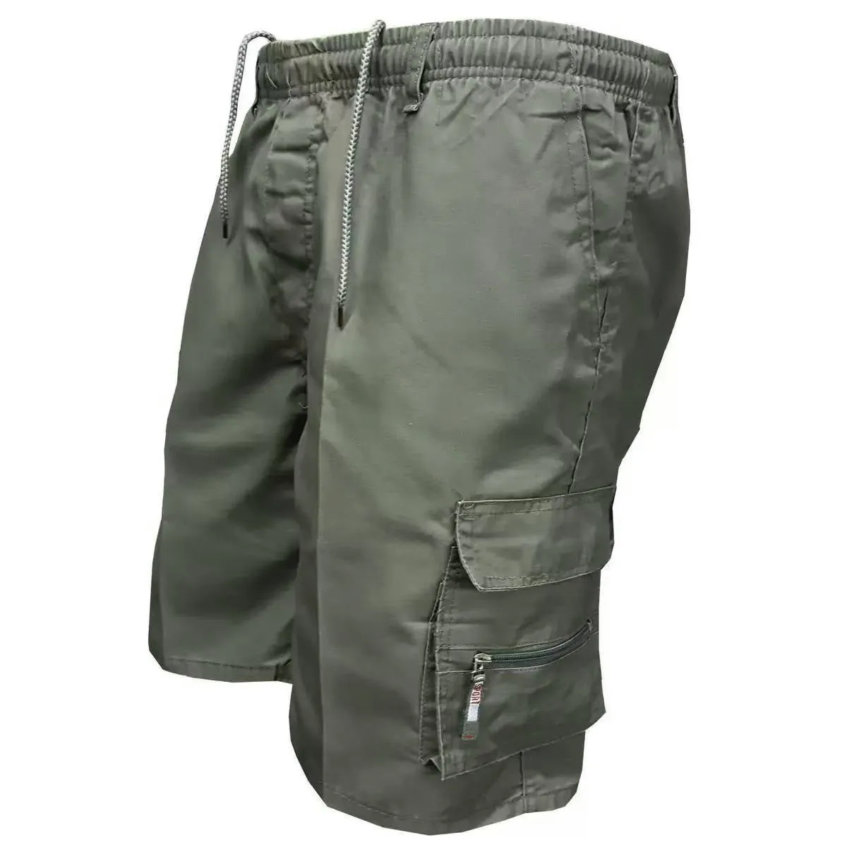 Men's loose-fit casual trousers in polyester fabric with elastic waist, shown in camouflage green colour.