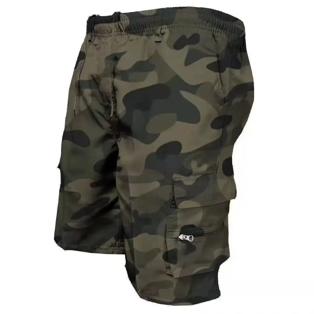 Men's loose-fit casual trousers in polyester fabric with elastic waist, shown in camouflage green colour.