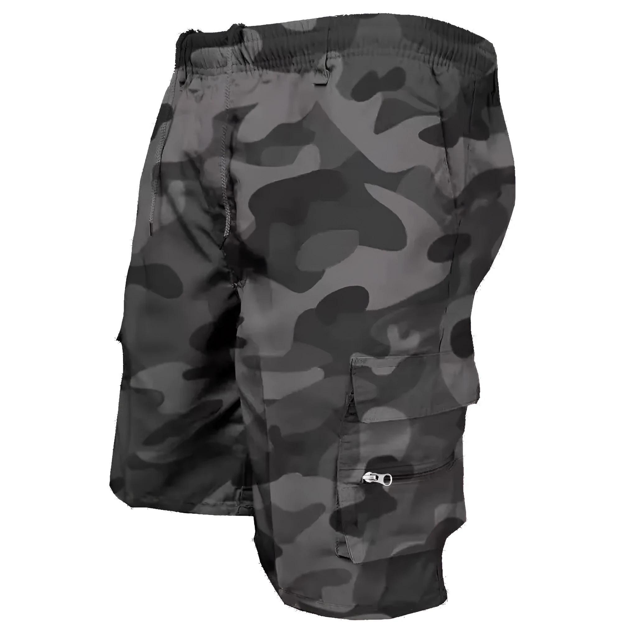 Men's loose-fit casual trousers in polyester fabric with elastic waist, shown in camouflage green colour.