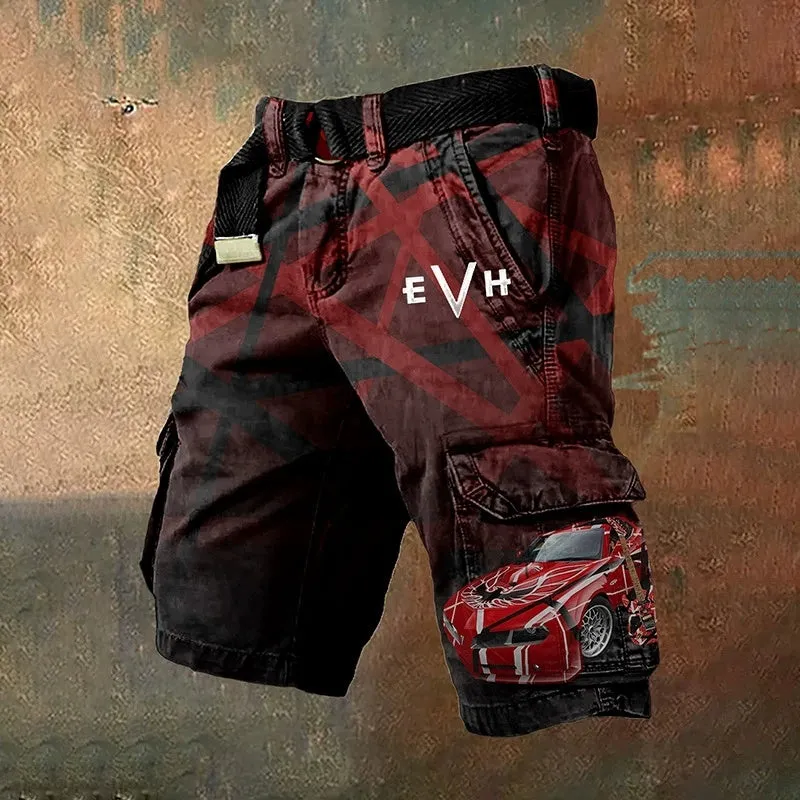 Man wearing grey shorts with a graphic 3D print and a full-length zip fastening.
