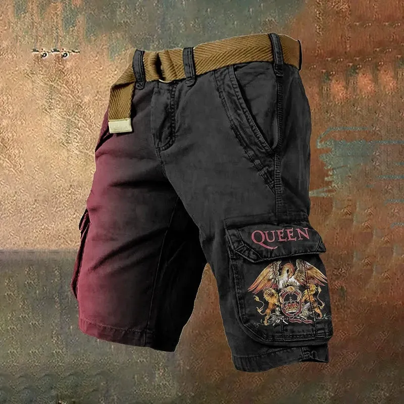Man wearing grey shorts with a graphic 3D print and a full-length zip fastening.