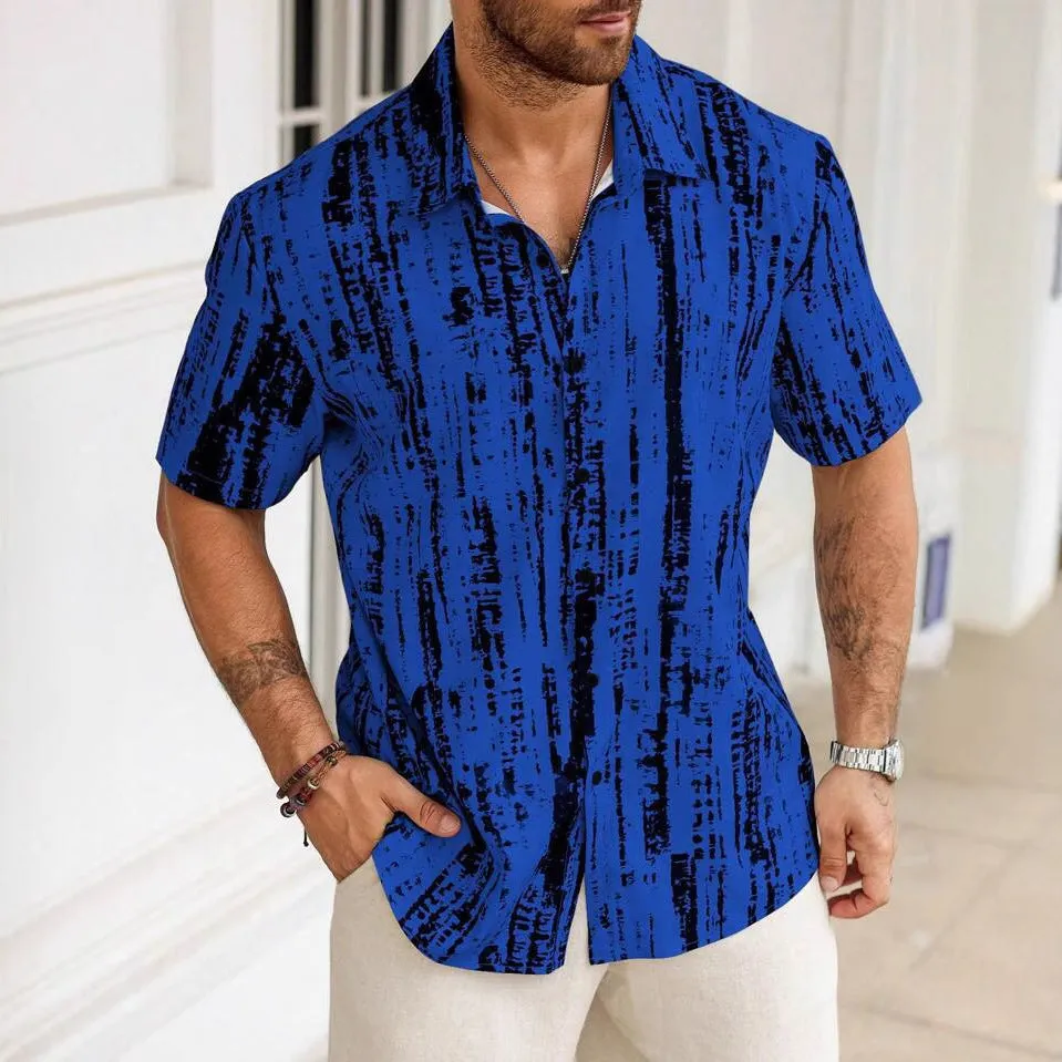 Man wearing a casual striped short sleeve shirt in lightweight anti-wrinkle polyester for summer.