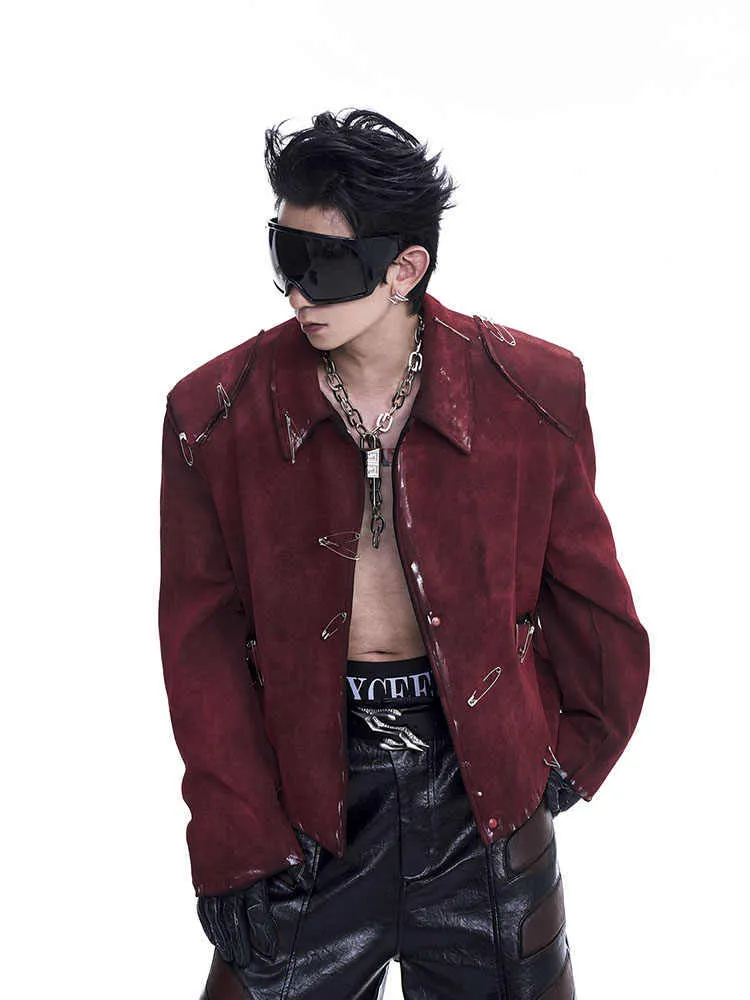 Red men's quilted jacket with decorative flocking pins and lapel collar in loose-fit style