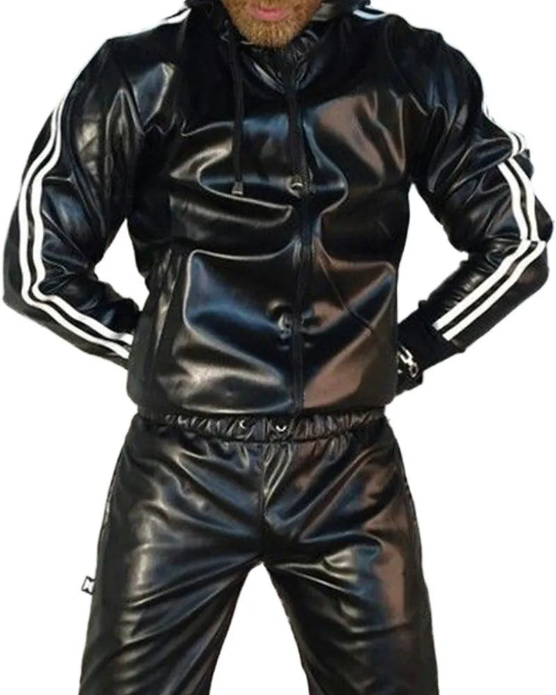 Men's black hooded sports set with PU leather jacket and trousers for autumn athletic activities