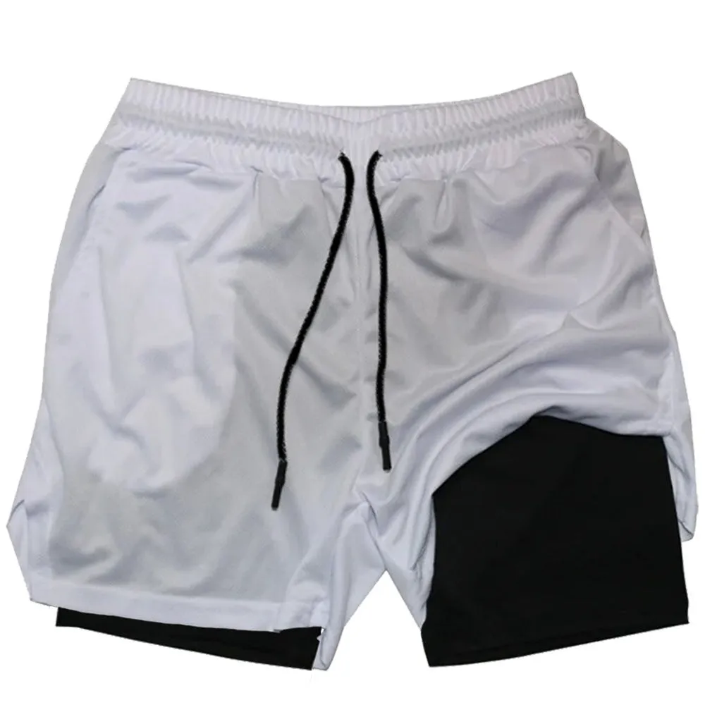 Men's camouflage pattern double-layer sports shorts in quick-dry fabric on a plain background.