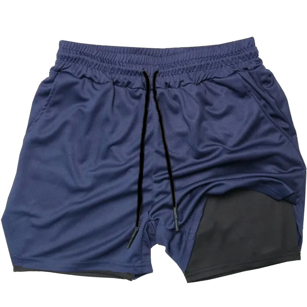 Men's camouflage pattern double-layer sports shorts in quick-dry fabric on a plain background.