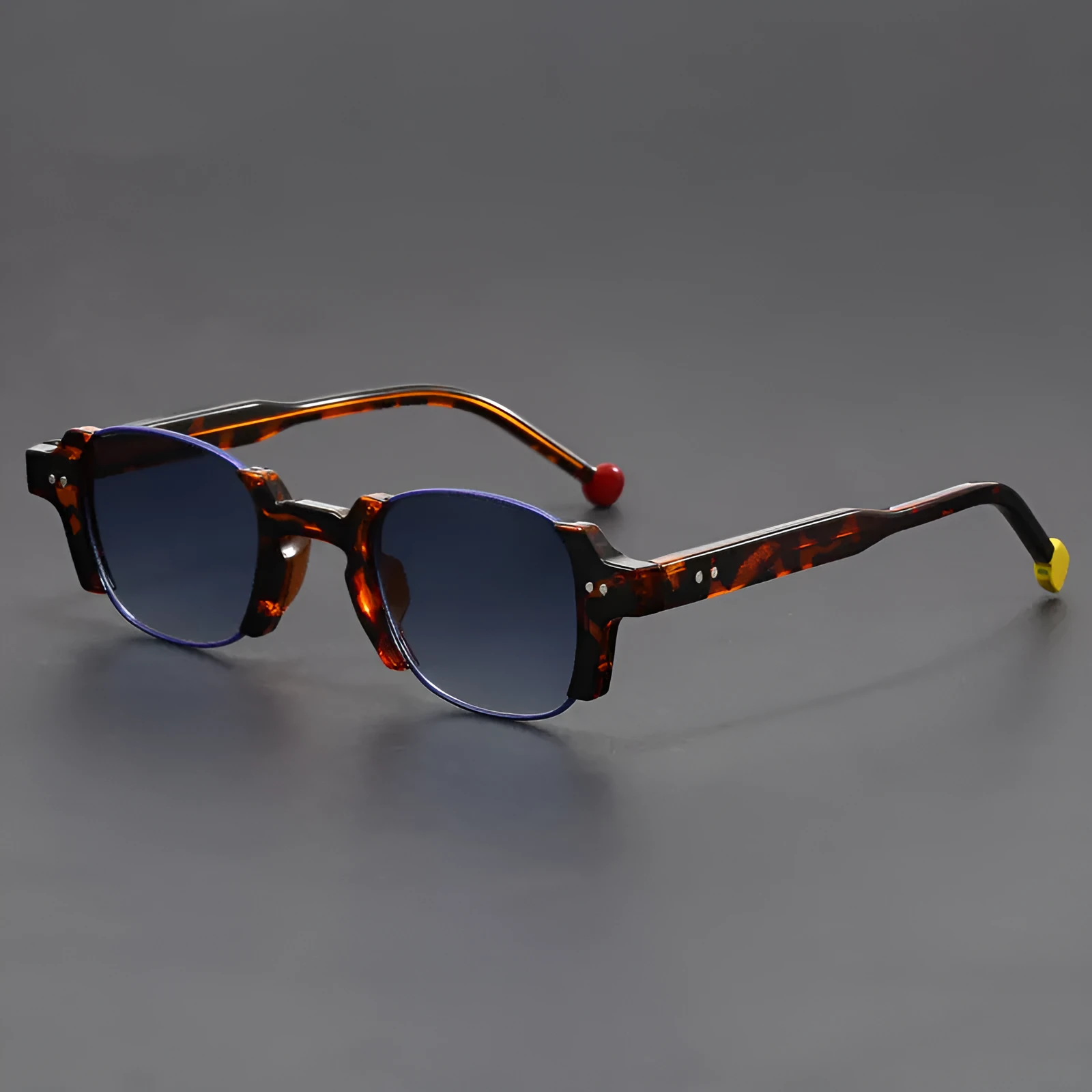 Square frame retro sunglasses with PC frame and AC lenses shown in multiple colour options.