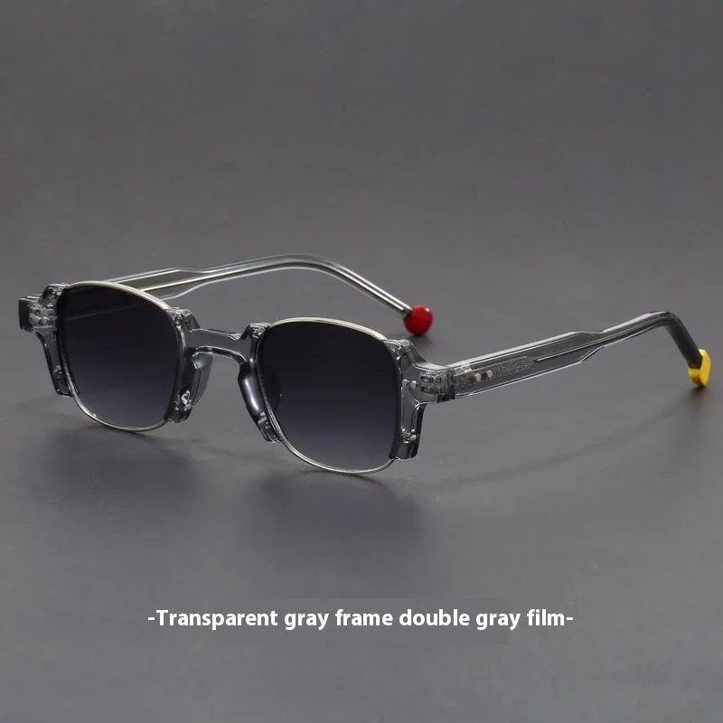 Square frame retro sunglasses with PC frame and AC lenses shown in multiple colour options.