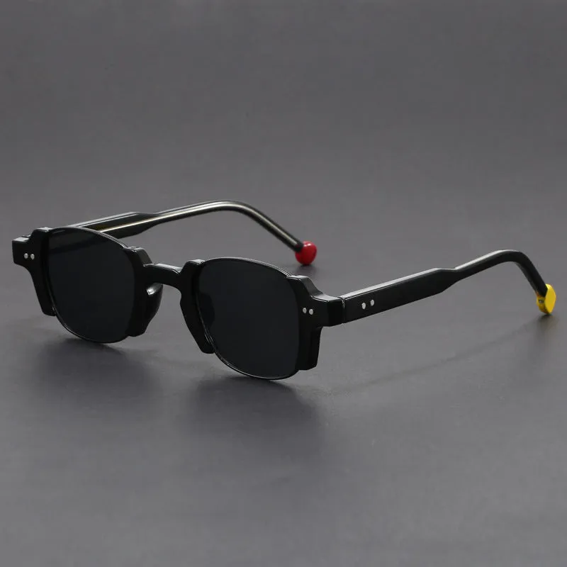 Square frame retro sunglasses with PC frame and AC lenses shown in multiple colour options.