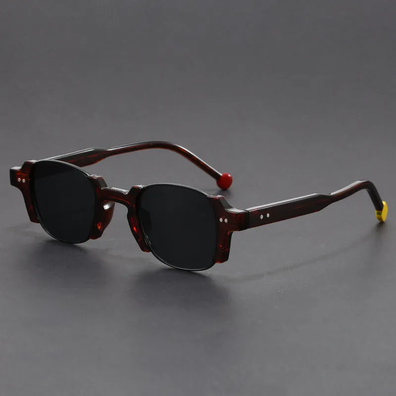 Square frame retro sunglasses with PC frame and AC lenses shown in multiple colour options.