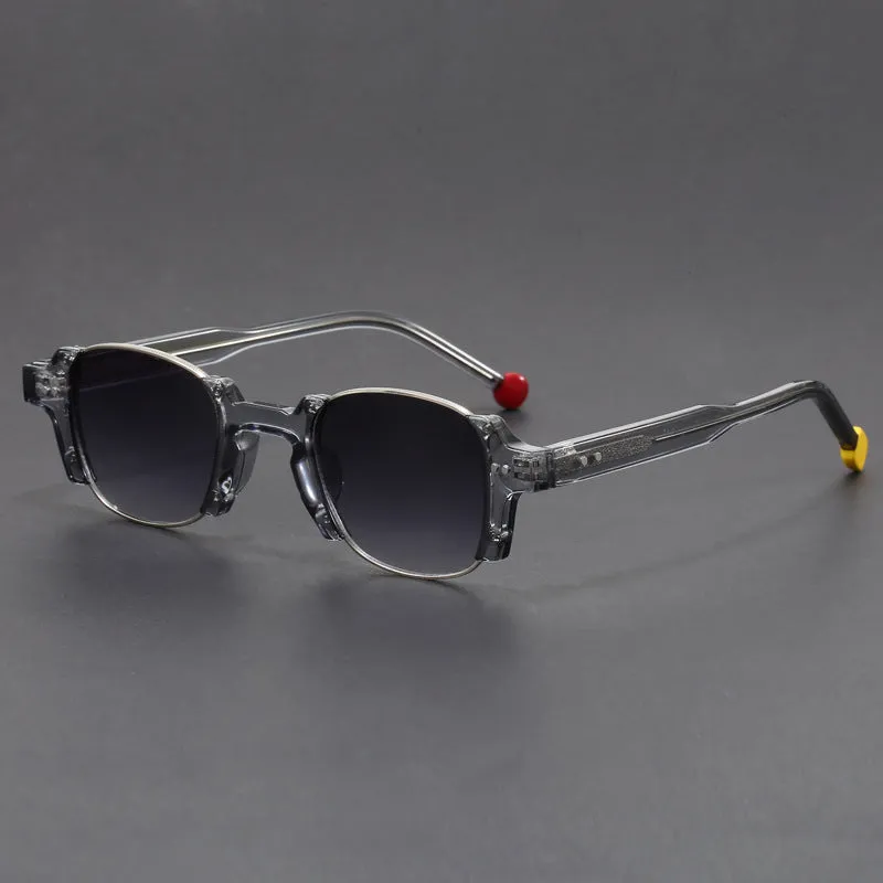 Square frame retro sunglasses with PC frame and AC lenses shown in multiple colour options.