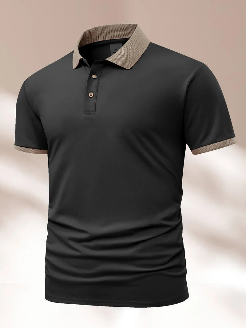 Summer polo shirt in ice silk fabric showing flocking detail and short sleeve design