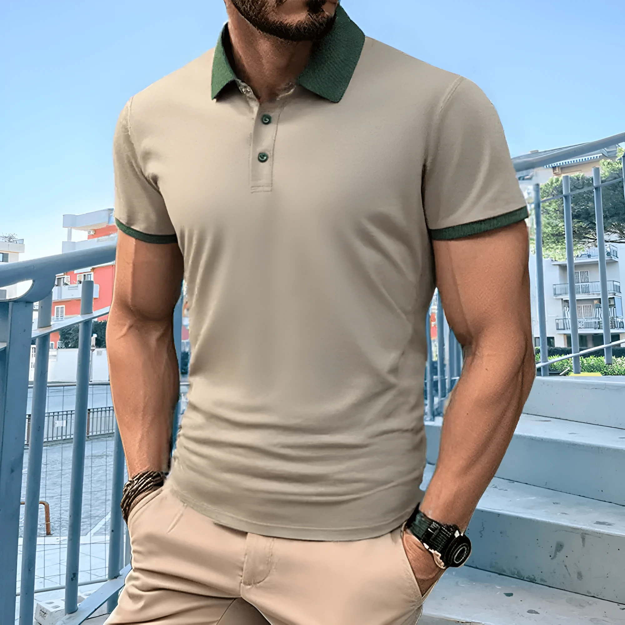 Summer polo shirt in ice silk fabric showing flocking detail and short sleeve design