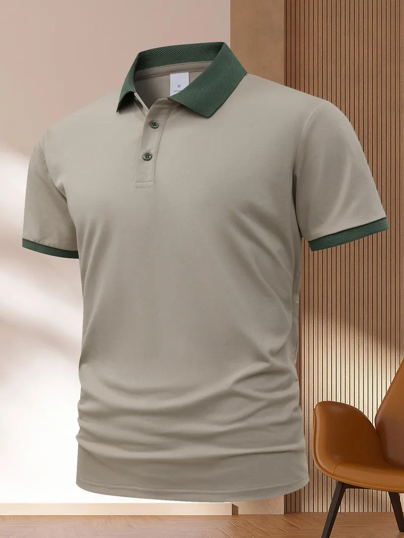 Summer polo shirt in ice silk fabric showing flocking detail and short sleeve design