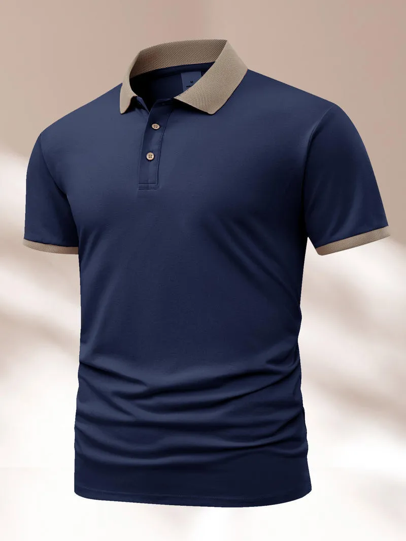 Summer polo shirt in ice silk fabric showing flocking detail and short sleeve design