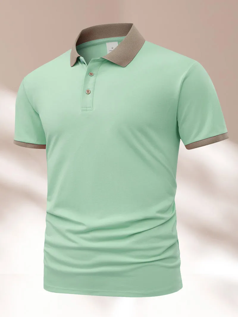 Summer polo shirt in ice silk fabric showing flocking detail and short sleeve design