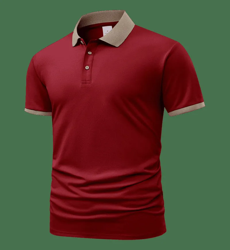 Summer polo shirt in ice silk fabric showing flocking detail and short sleeve design