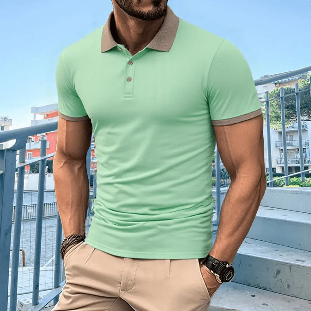 Summer polo shirt in ice silk fabric showing flocking detail and short sleeve design