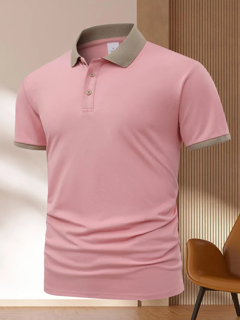 Summer polo shirt in ice silk fabric showing flocking detail and short sleeve design