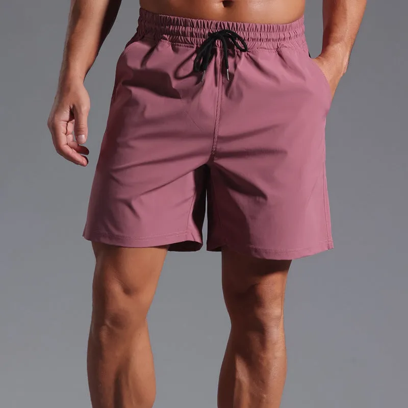 Men's loose straight-leg shorts in quick-dry polyester fabric showing four colour options