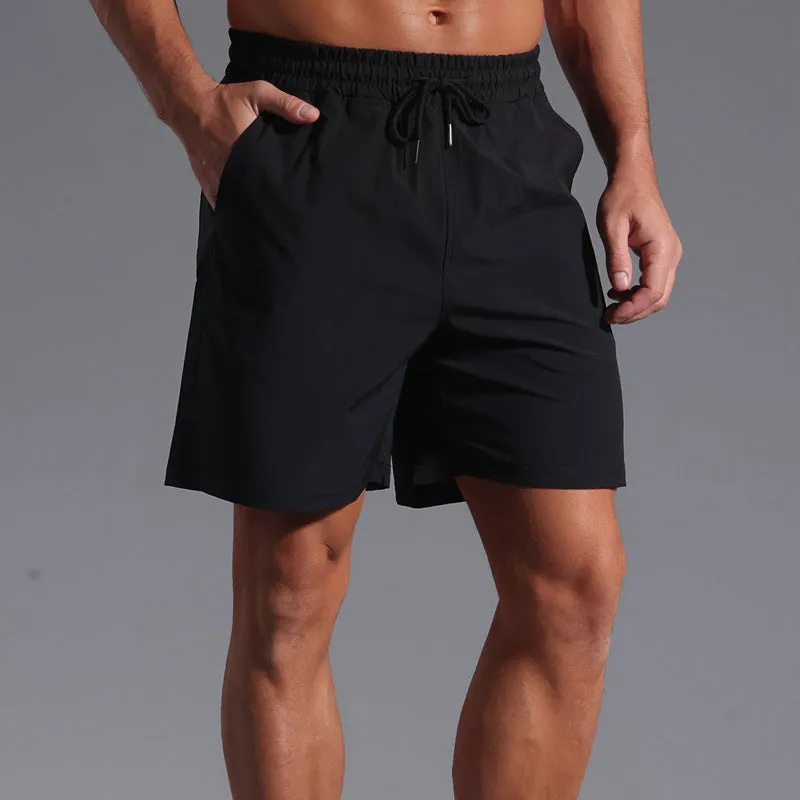 Men's loose straight-leg shorts in quick-dry polyester fabric showing four colour options
