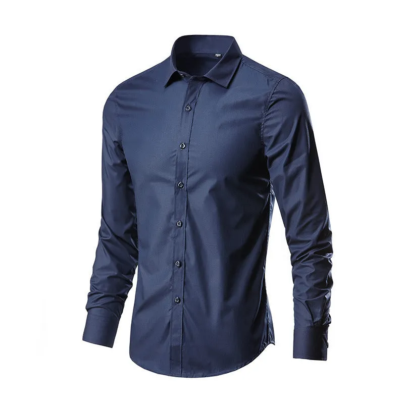 Long-sleeve linen shirt in a slim loose fit on a hanger, shown in a navy blue colour.