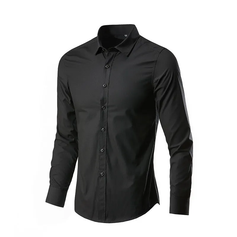 Long-sleeve linen shirt in a slim loose fit on a hanger, shown in a navy blue colour.