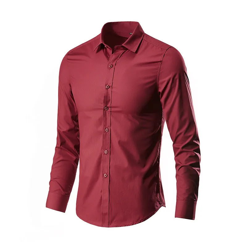 Long-sleeve linen shirt in a slim loose fit on a hanger, shown in a navy blue colour.