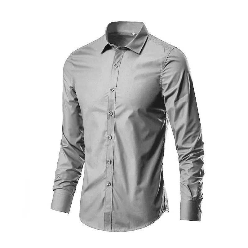 Long-sleeve linen shirt in a slim loose fit on a hanger, shown in a navy blue colour.
