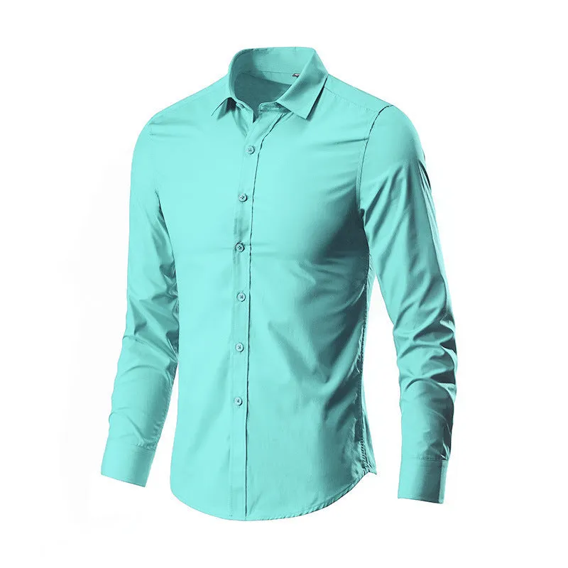Long-sleeve linen shirt in a slim loose fit on a hanger, shown in a navy blue colour.