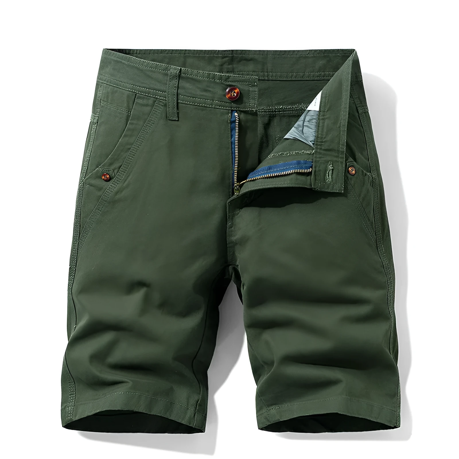 Pure cotton casual overalls pants in a straight-leg style with a zipper fly, shown in khaki colour.