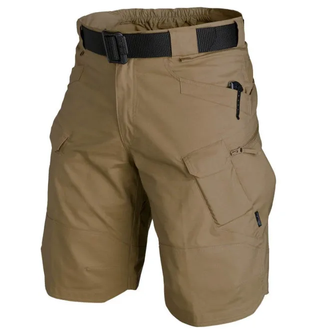 Men's khaki tactical shorts with button closure for hiking and outdoor work.