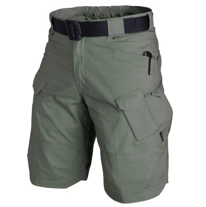 Men's khaki tactical shorts with button closure for hiking and outdoor work.