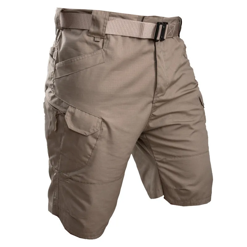 Men's khaki tactical shorts with button closure for hiking and outdoor work.