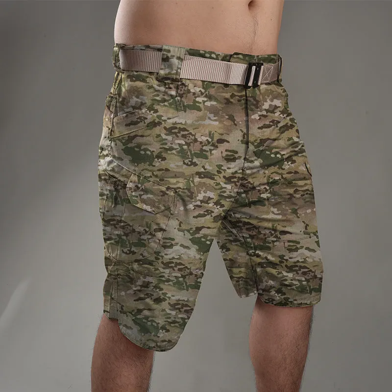 Men's khaki tactical shorts with button closure for hiking and outdoor work.