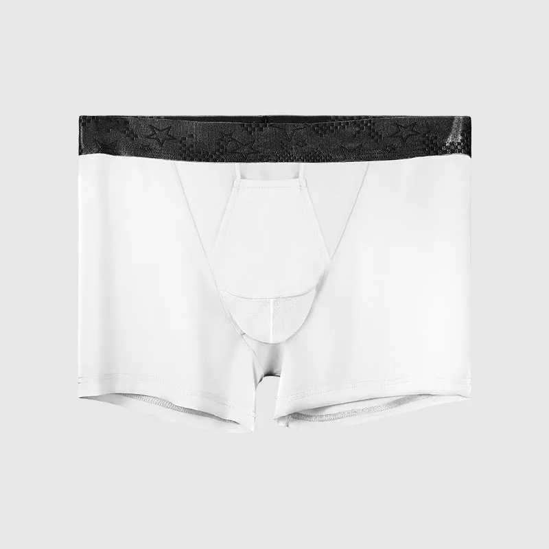 Men's solid colour ice silk nylon sports underwear in boyshorts style with mid waist.