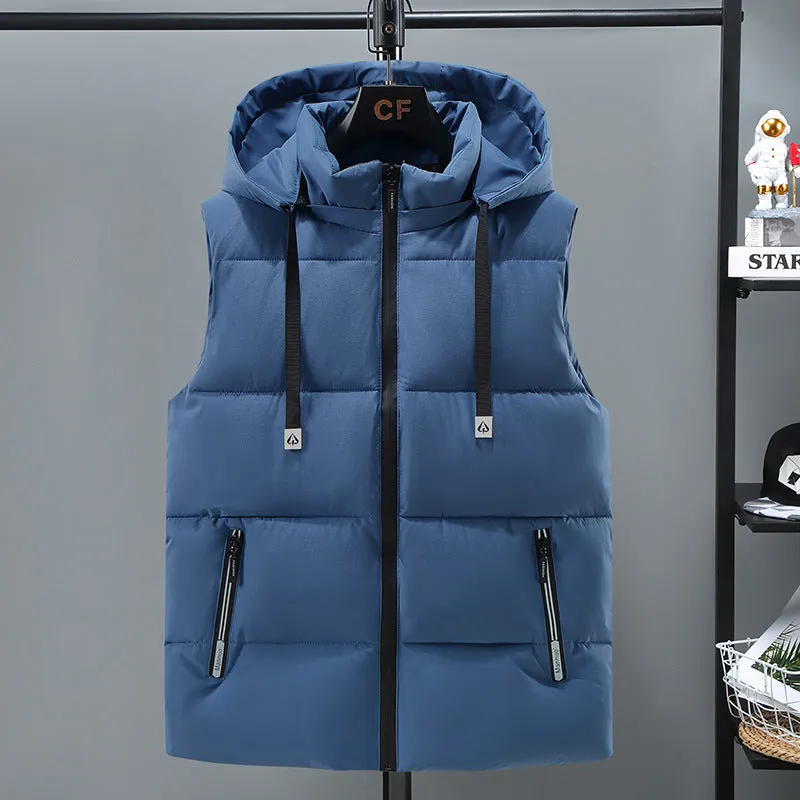 Men's solid colour thickened polyester vest with a removable hood, shown in blue.