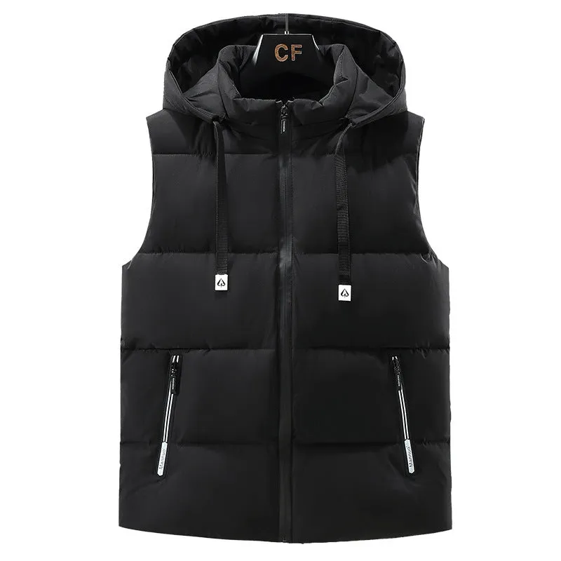Men's solid colour thickened polyester vest with a removable hood, shown in blue.