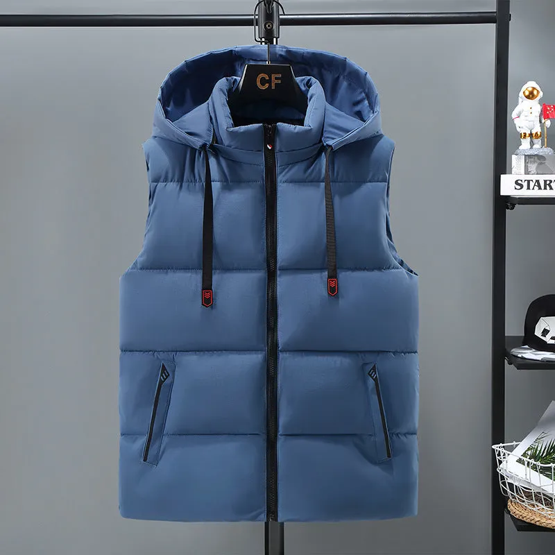 Men's solid colour thickened polyester vest with a removable hood, shown in blue.
